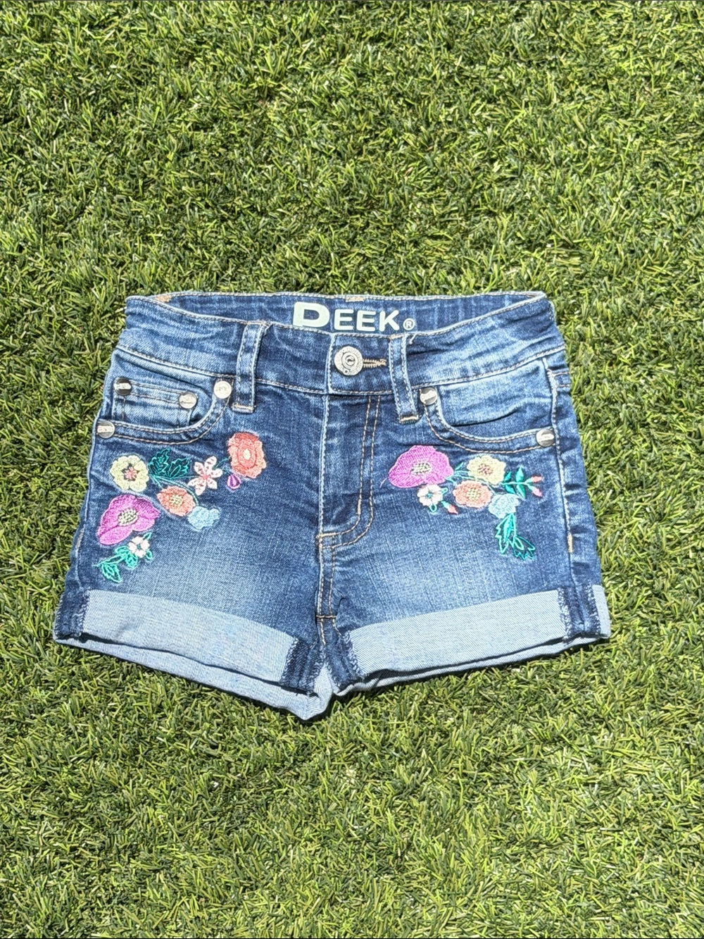 Peek Girls Denim Shorts with Pink & Green Floral Embroidery